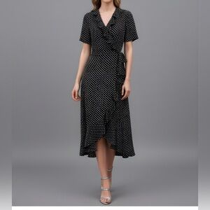 Polka Dot Print Ruffle Trim Wrap Dress Black